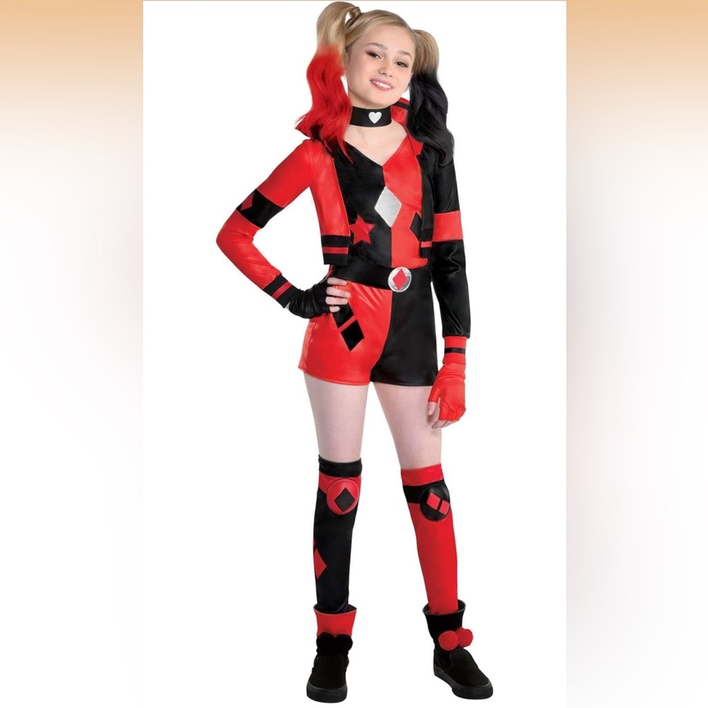 Harley Quinn DC Comic Kids Costume - Medium 8-10, Choker Gloves Leg Warmers